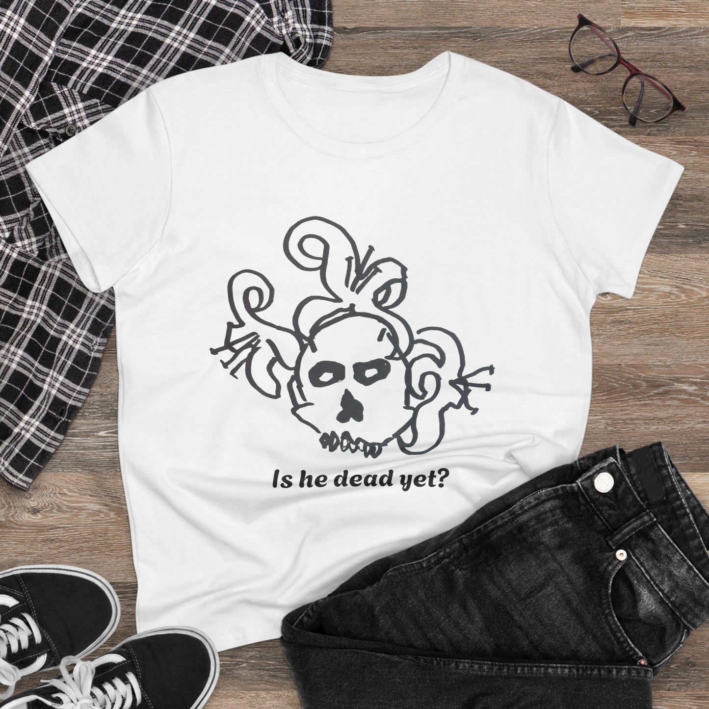 Women's Midweight Cotton Tee - Casual Skull Design Tee 'Is He Dead Yet?'