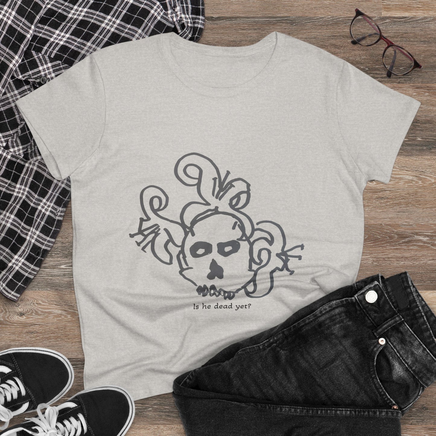 Women's Midweight Cotton Tee - Casual Skull Design Tee 'Is He Dead Yet?'