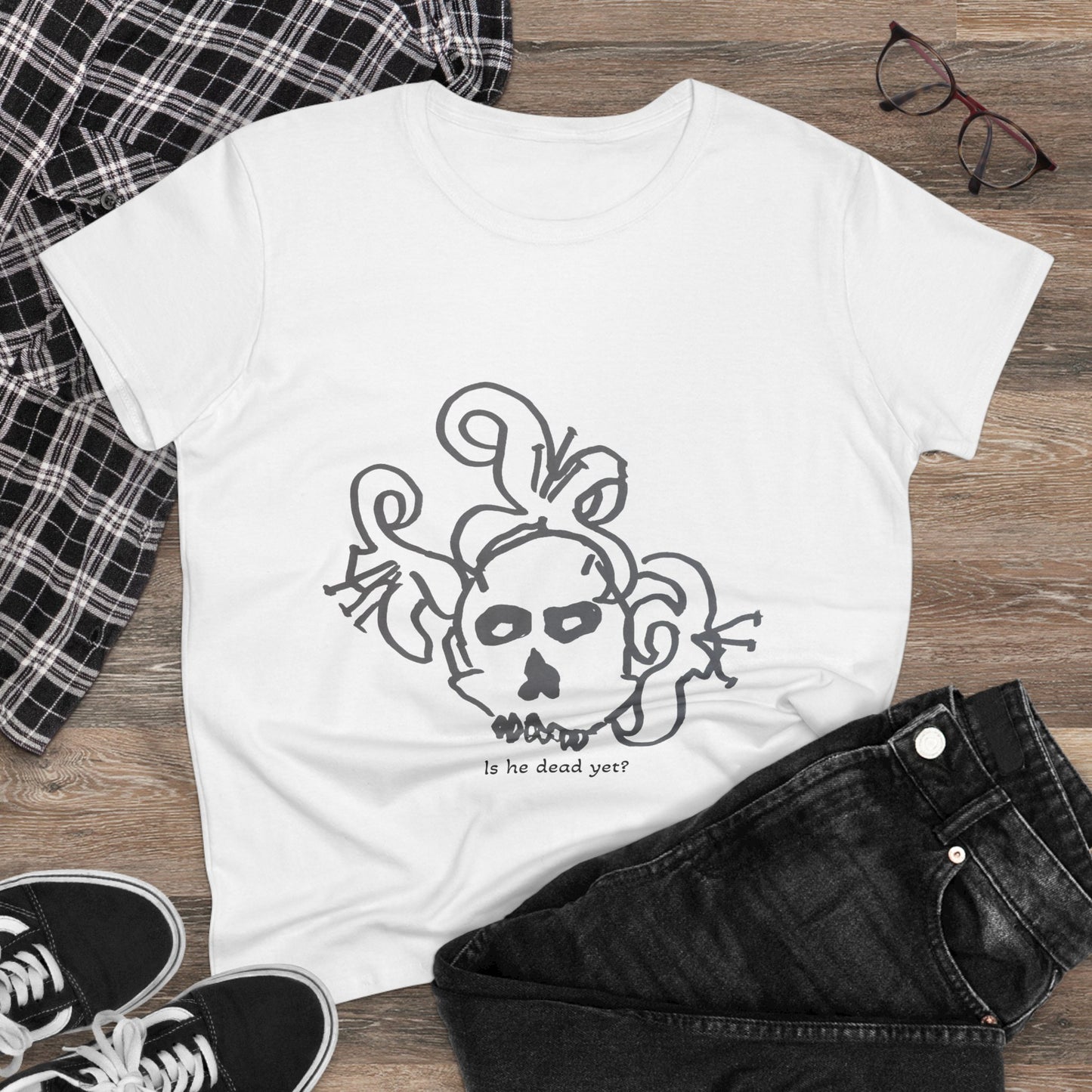 Women's Midweight Cotton Tee - Casual Skull Design Tee 'Is He Dead Yet?'