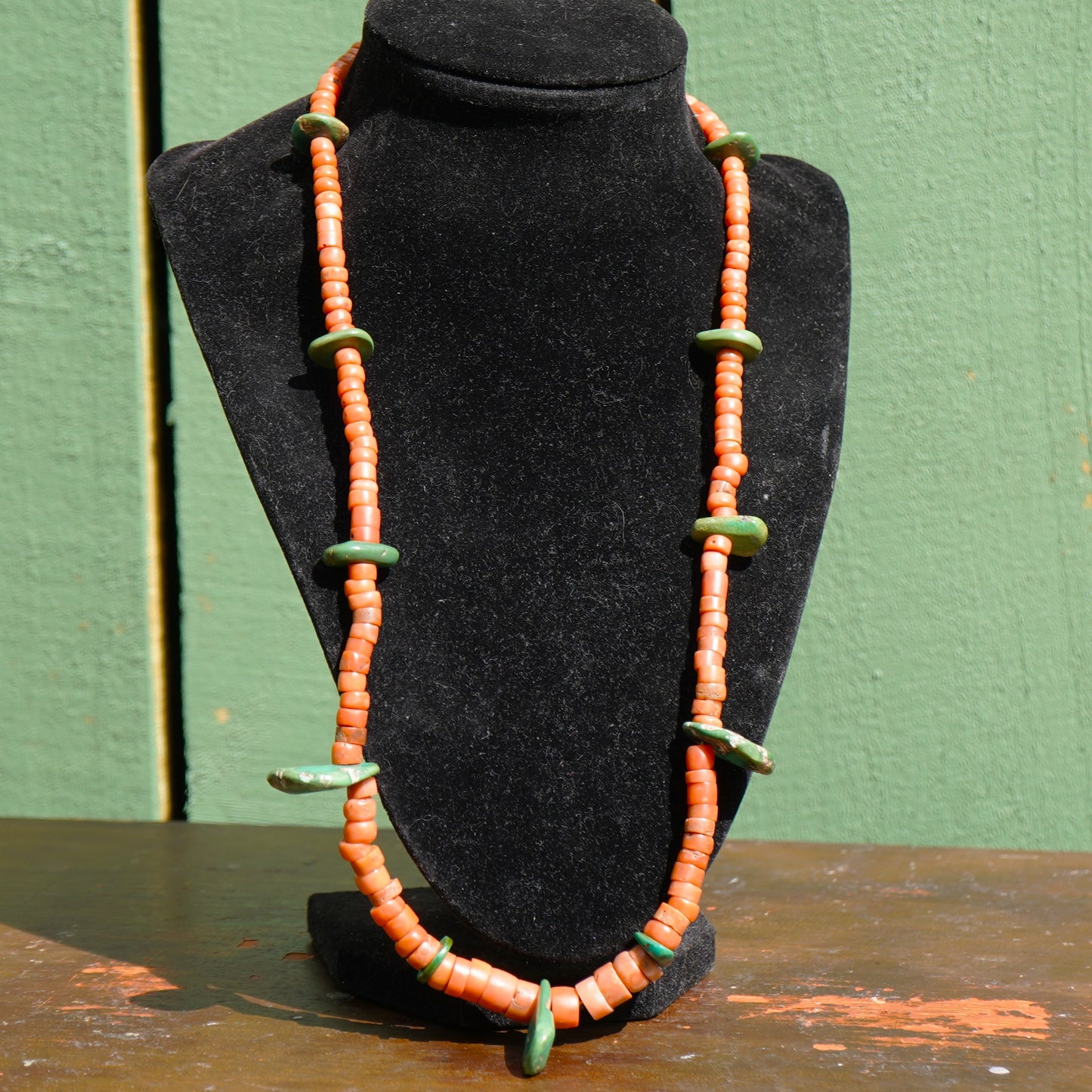 Natural Coral Necklace With Green Cerrillos Turquoise Tabs