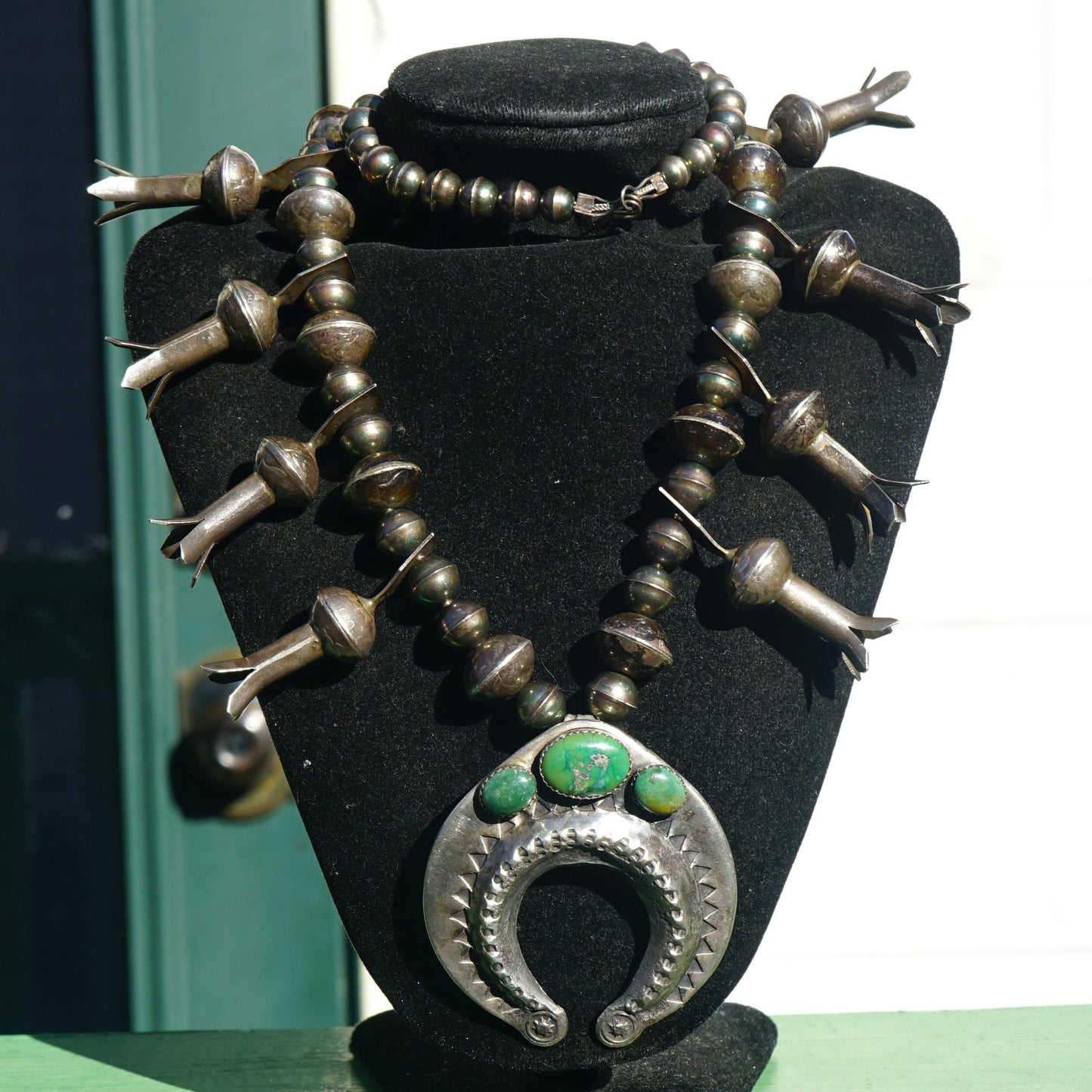 Vintage Squash Blossom Necklace With Mercury Dime Blossoms Cerrillos Turquoise