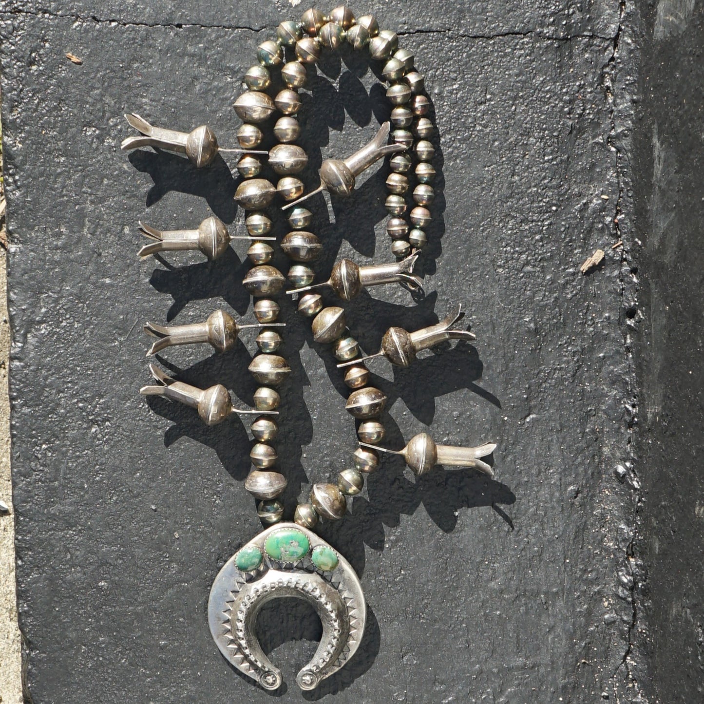 Vintage Squash Blossom Necklace With Mercury Dime Blossoms Cerrillos Turquoise