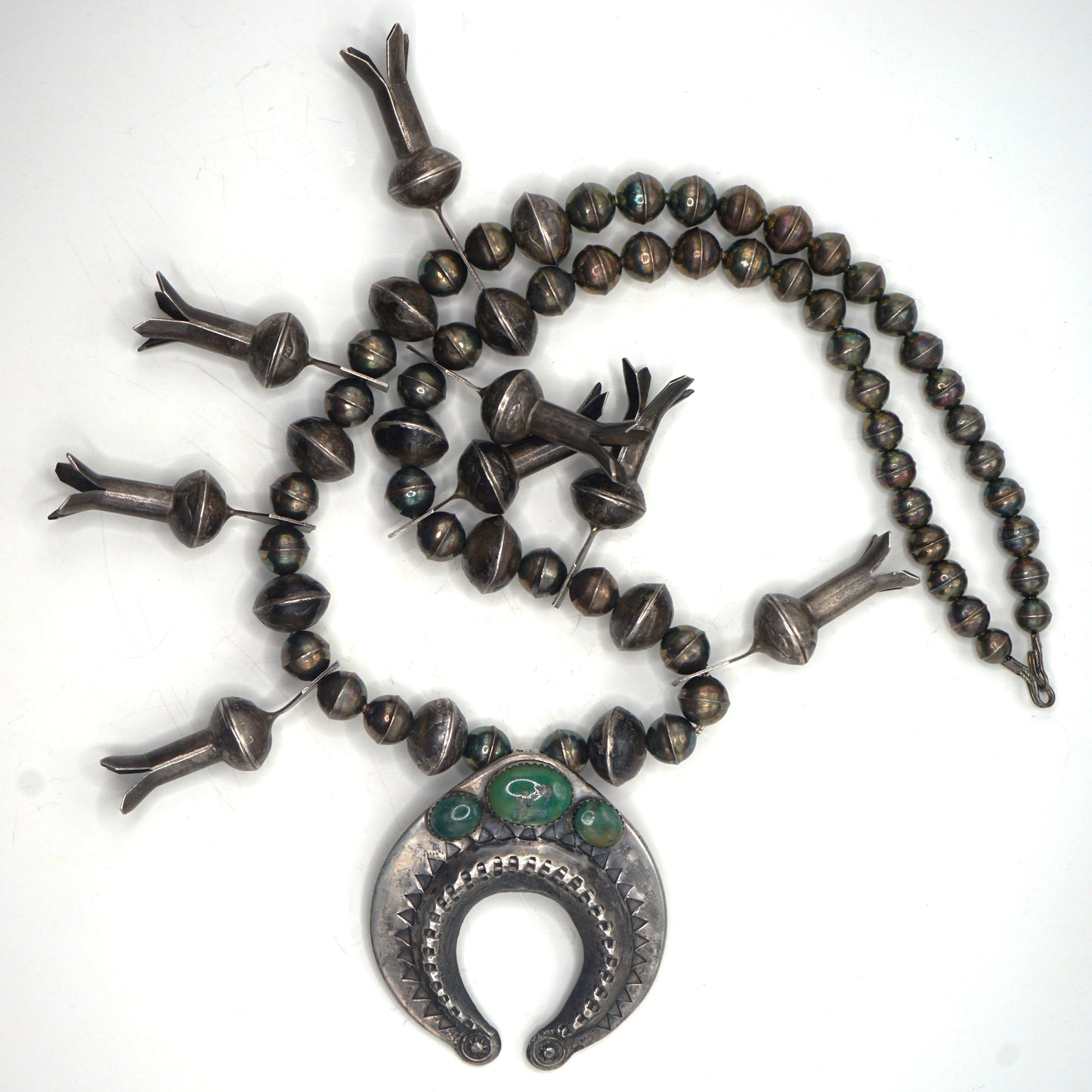 Vintage Squash Blossom Necklace With Mercury Dime Blossoms Cerrillos Turquoise