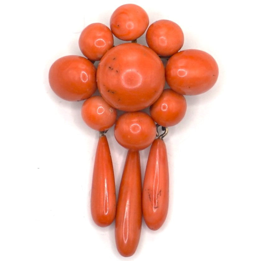 Large Victorian Coral Brooch With Coral Drops