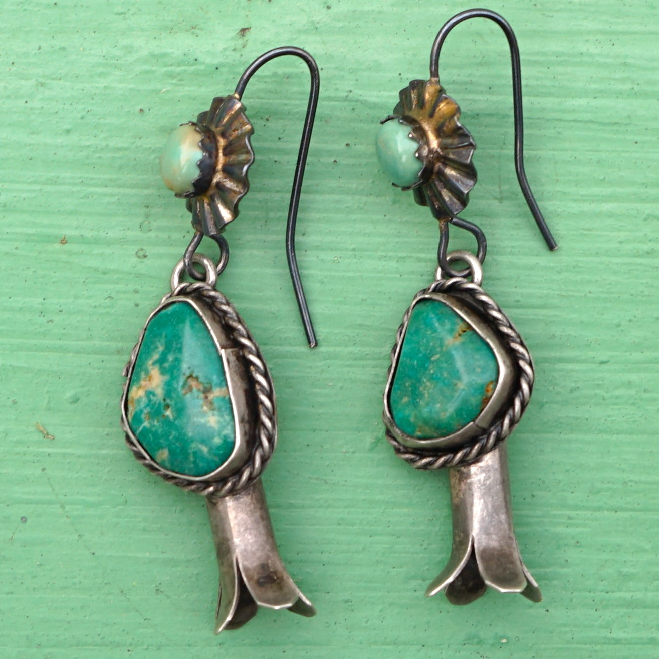 Vintage Green Turquoise Squash Blossom Earrings