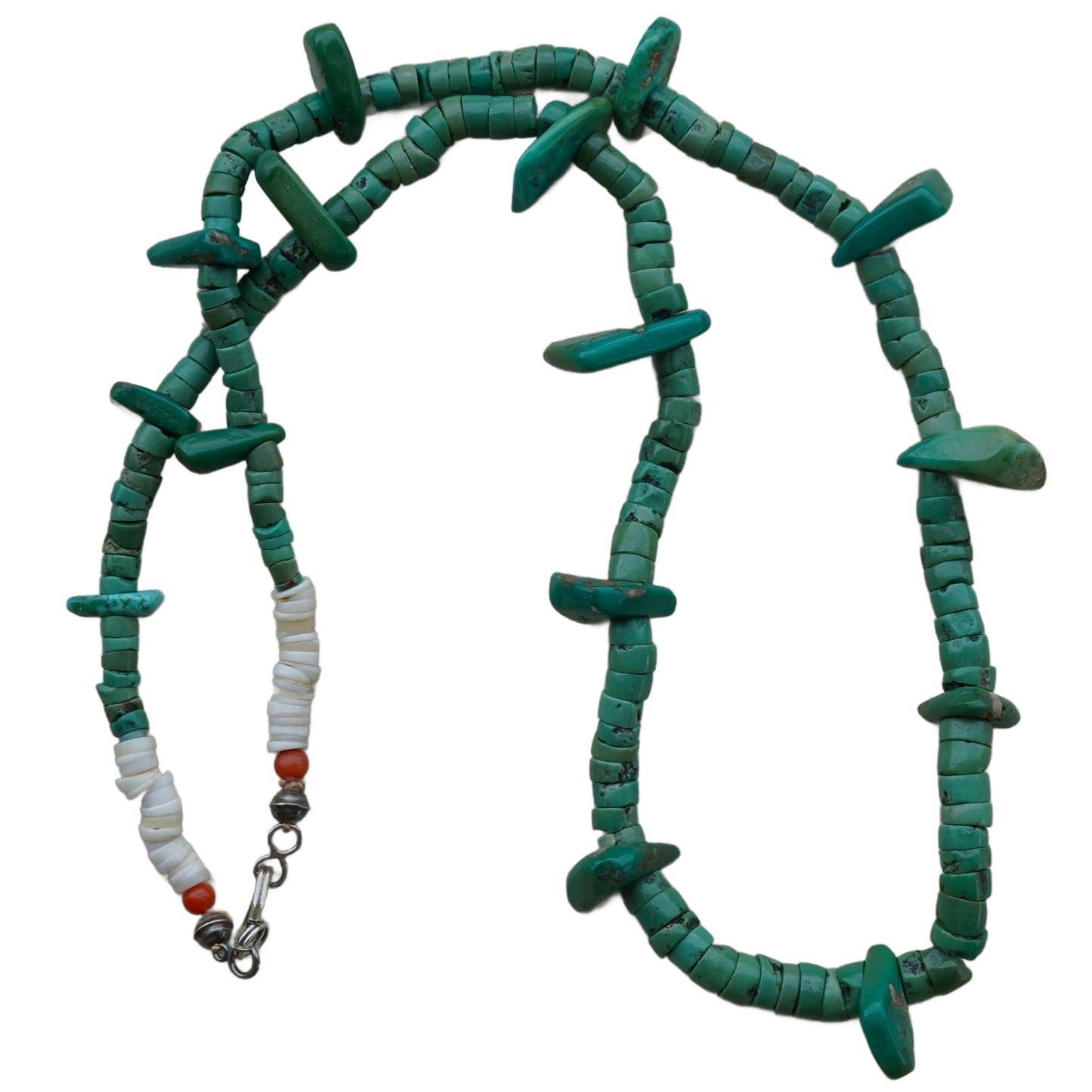Old Green Turquoise Heishi And Tab Necklace