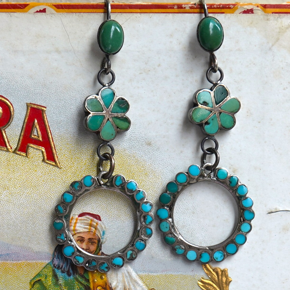 Vintage Turquoise Zuni Inlay Channel Set Turquoise Earrings