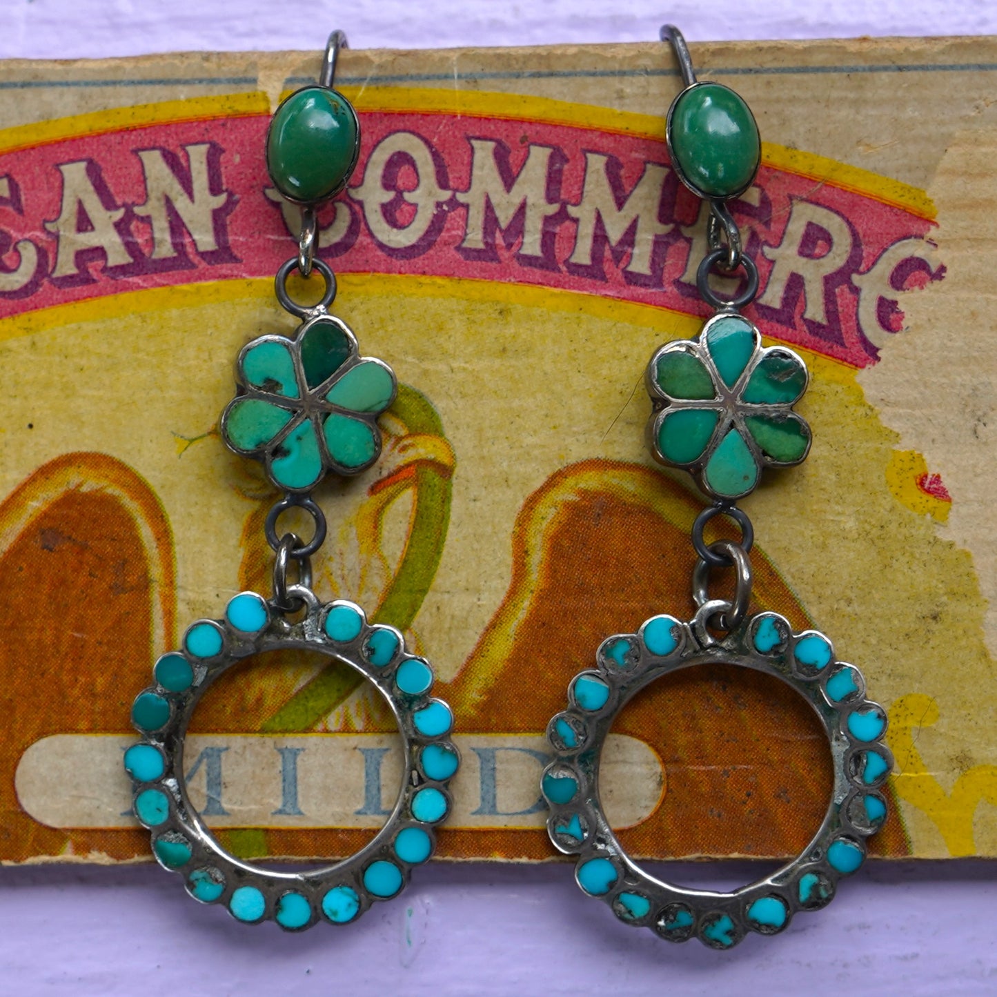 Vintage Turquoise Zuni Inlay Channel Set Turquoise Earrings