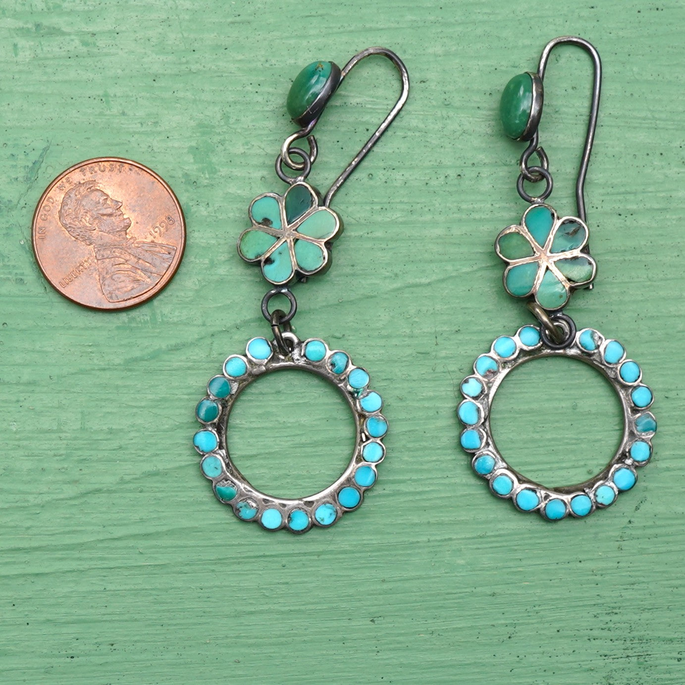 Vintage Turquoise Zuni Inlay Channel Set Turquoise Earrings
