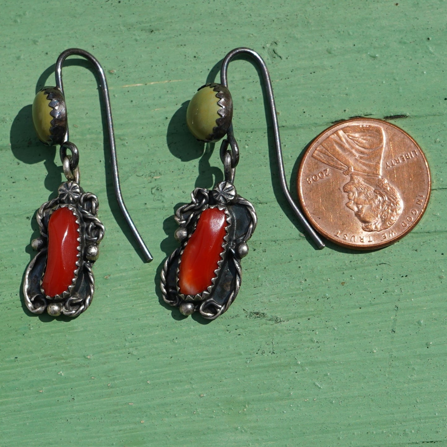 Signed Coral And Turquoise Drop Earrings