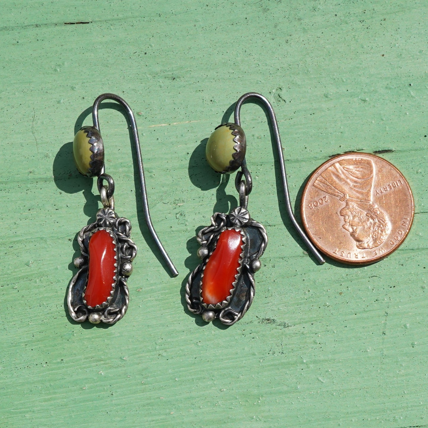 Signed Coral And Turquoise Drop Earrings