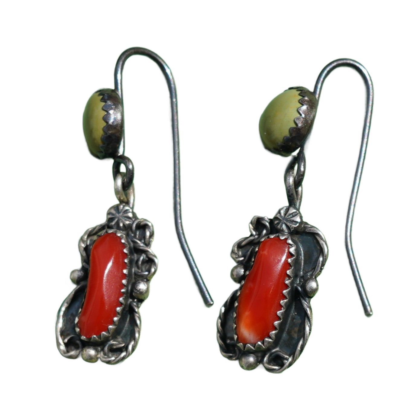 Signed Coral And Turquoise Drop Earrings