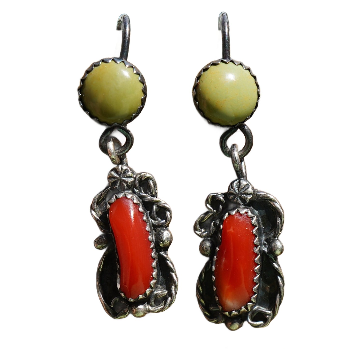 Signed Coral And Turquoise Drop Earrings