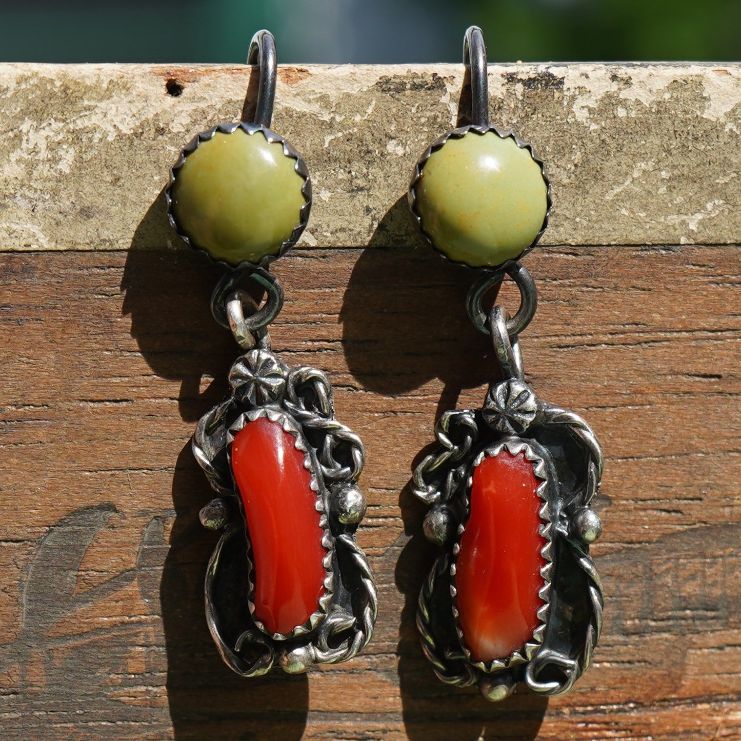 Signed Coral And Turquoise Drop Earrings