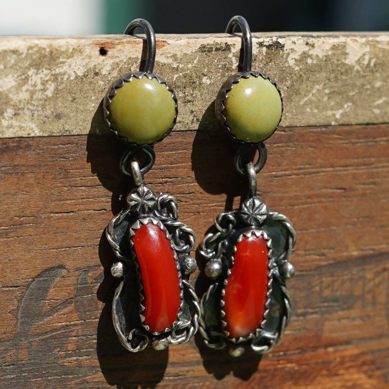 Signed Coral And Turquoise Drop Earrings