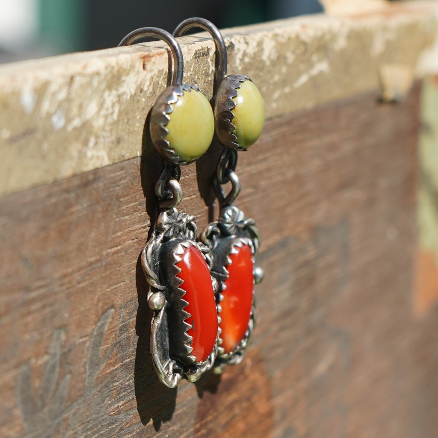 Signed Coral And Turquoise Drop Earrings