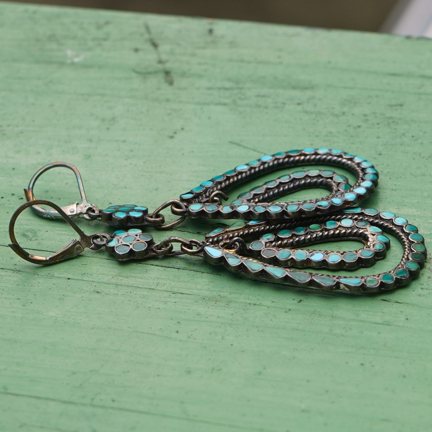 Vintage Turquoise Inlay Zuni Dangle Earrings