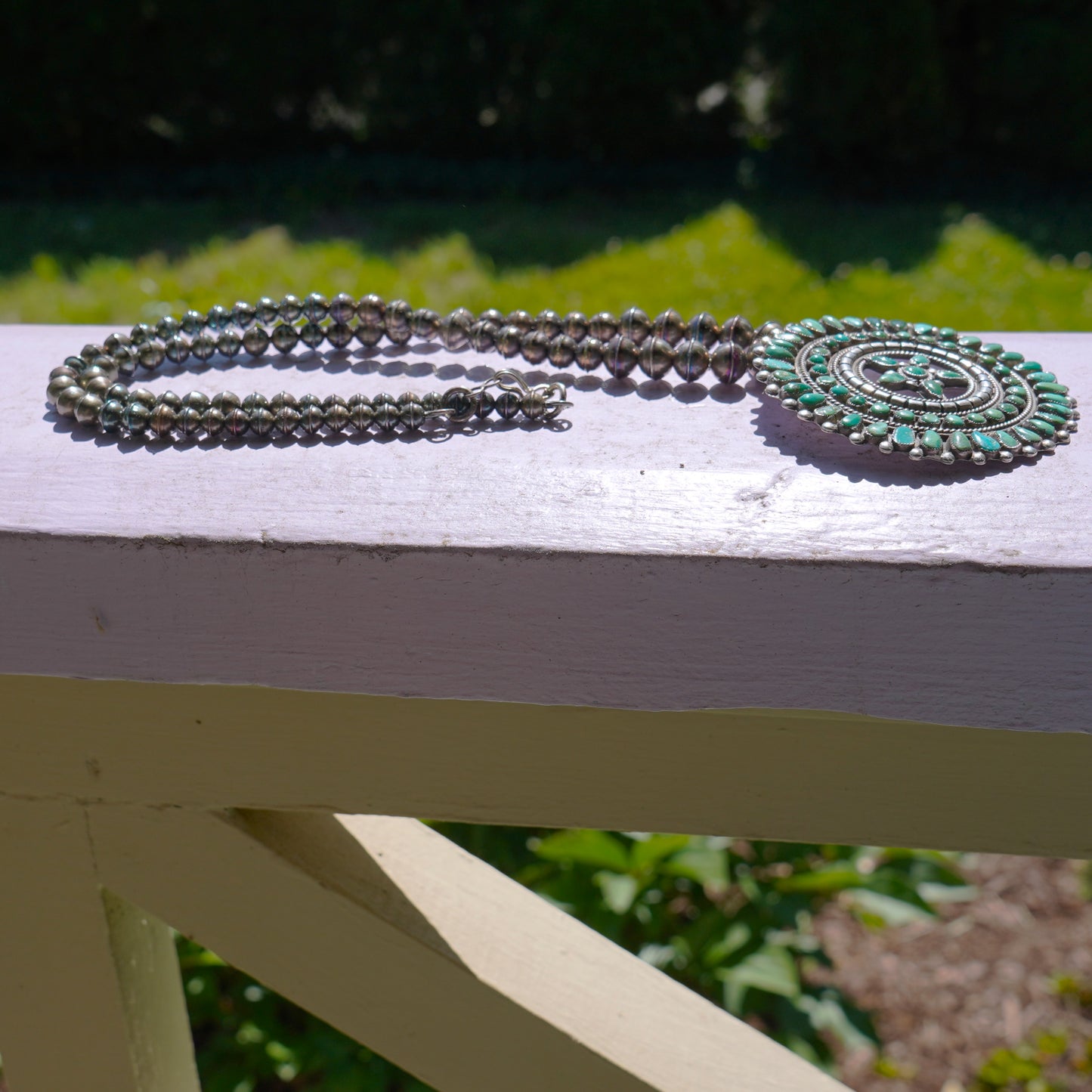 Turquoise Cluster Pendant With Sterling Silver Bench Made Beads.