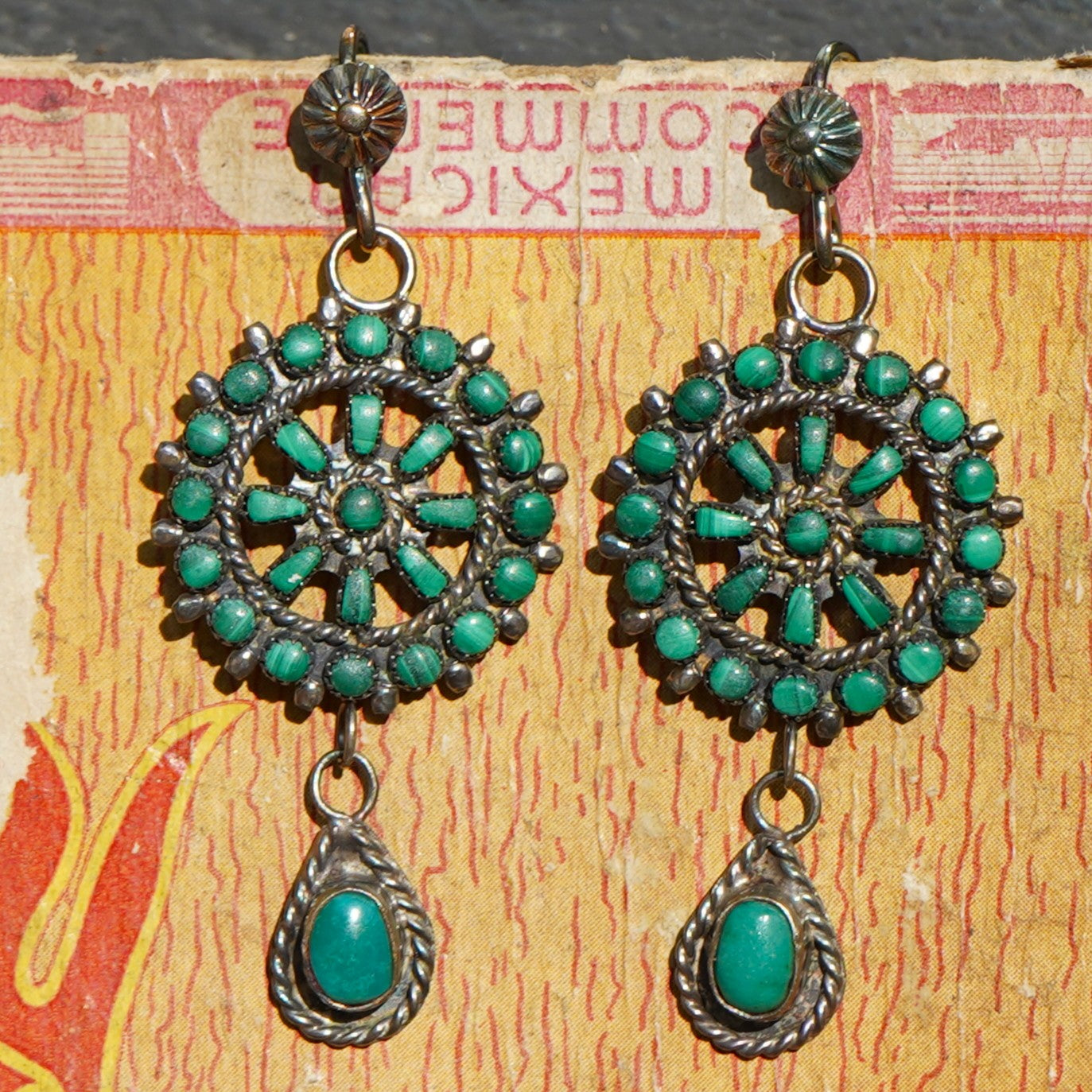 Vintage Southwest Style Malachite And Turquoise Earrings Sterling