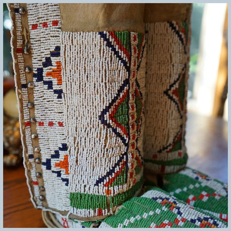 Early 1900's Lakota Women's Moccasins and Leggings with Silver Buttons