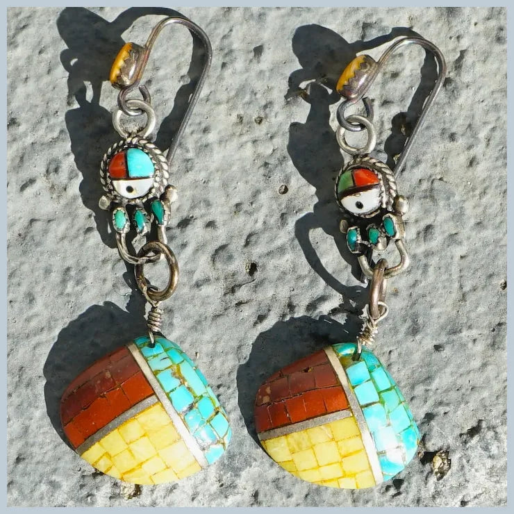 Zuni Sunface Inlaid Shell Vintage Earrings