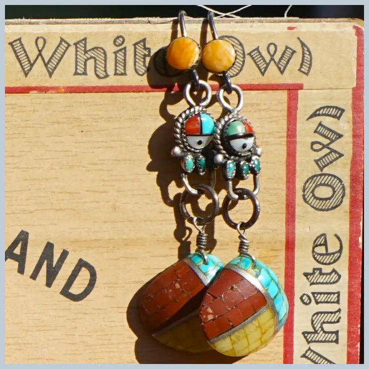 Zuni Sunface Inlaid Shell Vintage Earrings