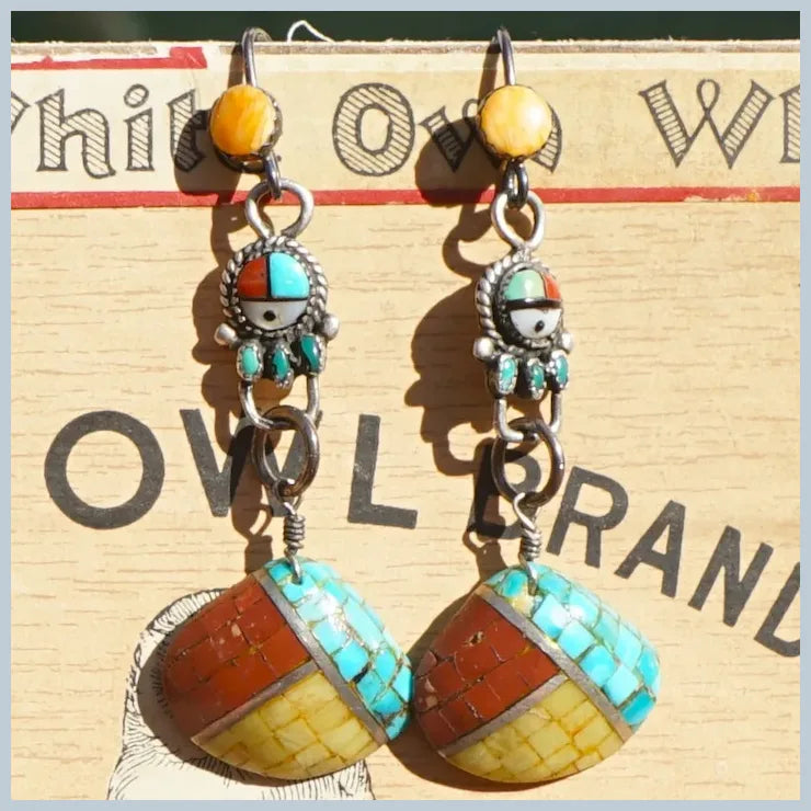 Zuni Sunface Inlaid Shell Vintage Earrings