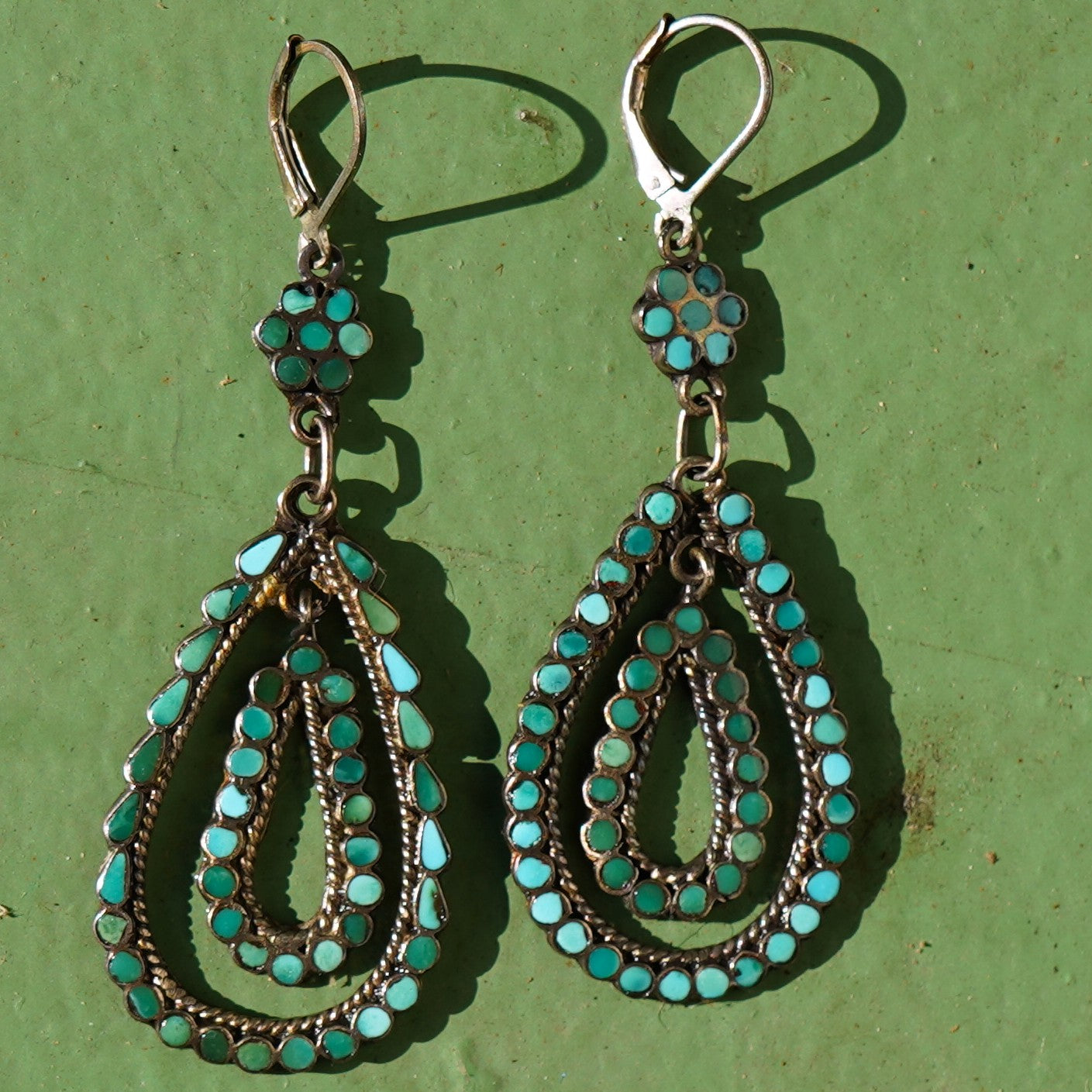 Vintage Turquoise Inlay Zuni Dangle Earrings