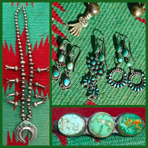 Coin Silver Squash Blossom Necklaces, Nevada Turquoise Cuff Bracelet And Vintage Squash Blossom Earrings At Gallery Zono