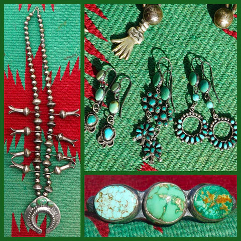 Coin Silver Squash Blossom Necklaces, Nevada Turquoise Cuff Bracelet And Zuni Squash Blossom Earrings At Gallery Zono