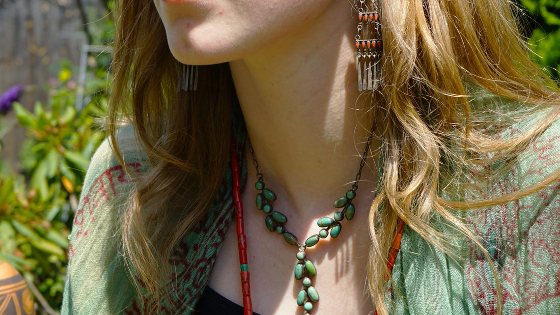 T. Skeets Broken Arrow Turquoise Necklace And Coral Ladder Earrings