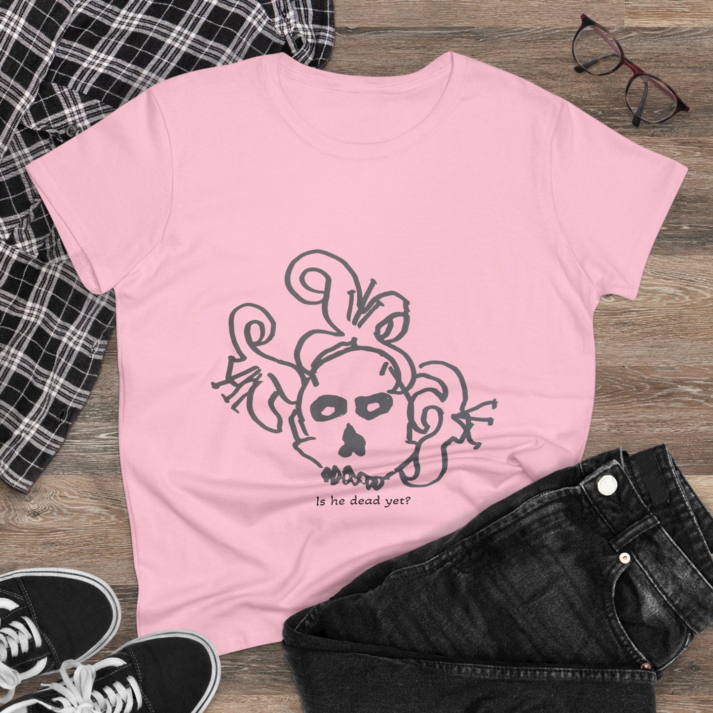 Women's Midweight Cotton Tee - Casual Skull Design Tee 'Is He Dead Yet?'