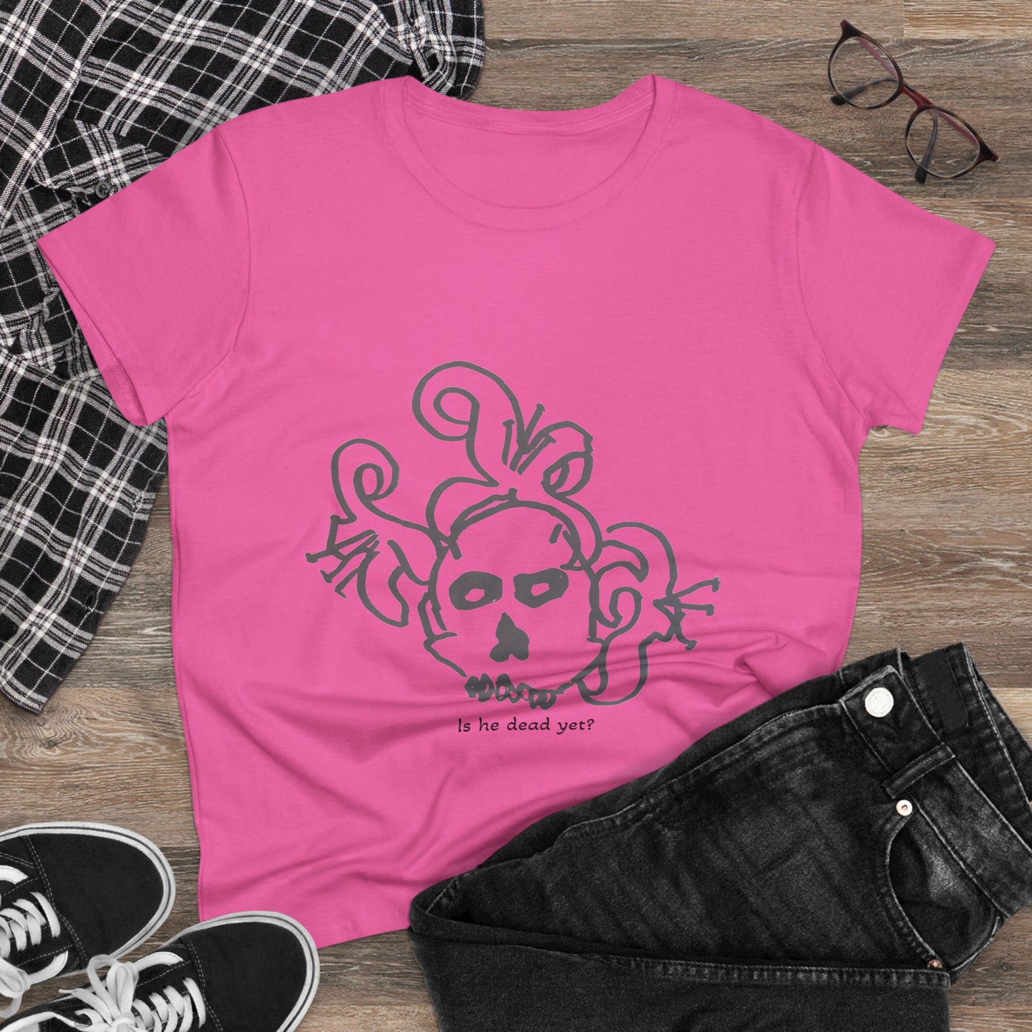 Women's Midweight Cotton Tee - Casual Skull Design Tee 'Is He Dead Yet?'
