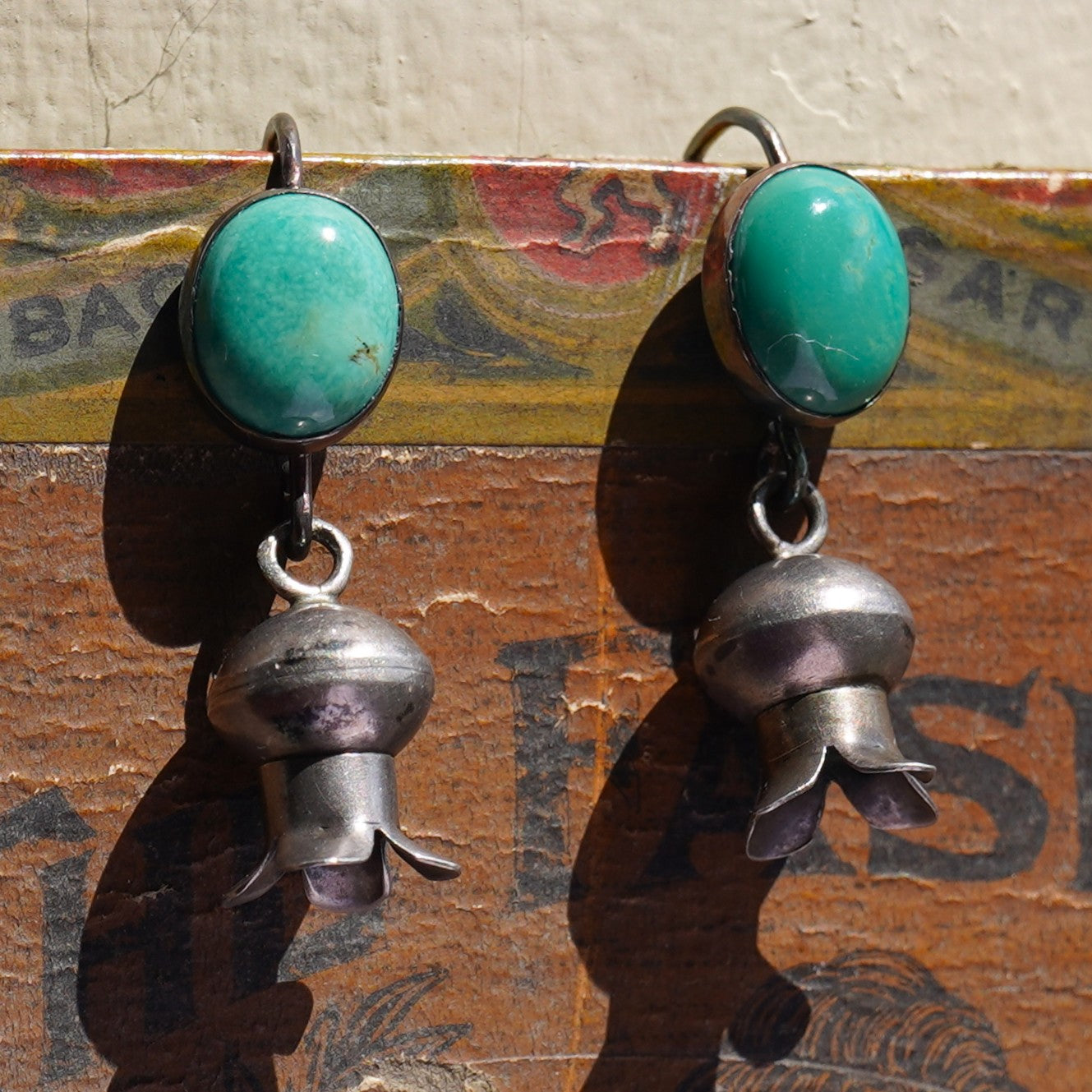 Vintage Squash Blossom Earrings With Kingman Turquoise