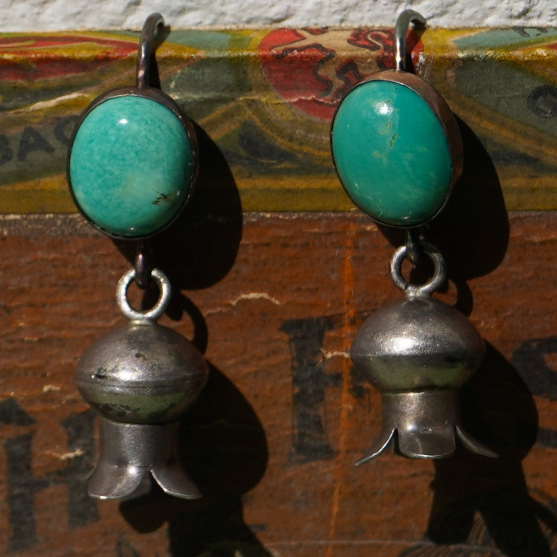 Vintage Squash Blossom Earrings With Kingman Turquoise