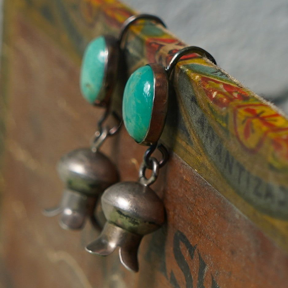 Vintage Squash Blossom Earrings With Kingman Turquoise