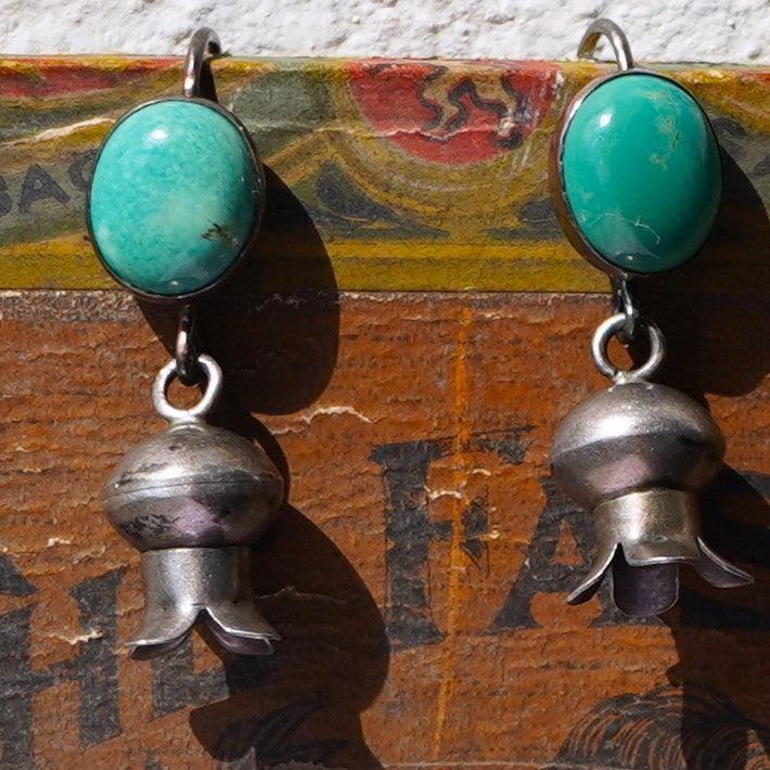 Vintage Squash Blossom Earrings With Kingman Turquoise