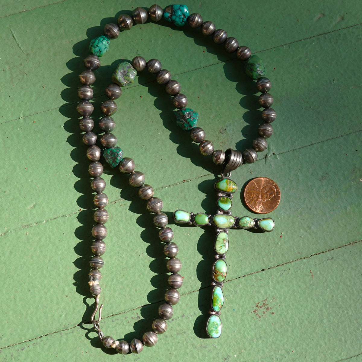 Vintage Sterling Silver Green Turquoise Cross Necklace