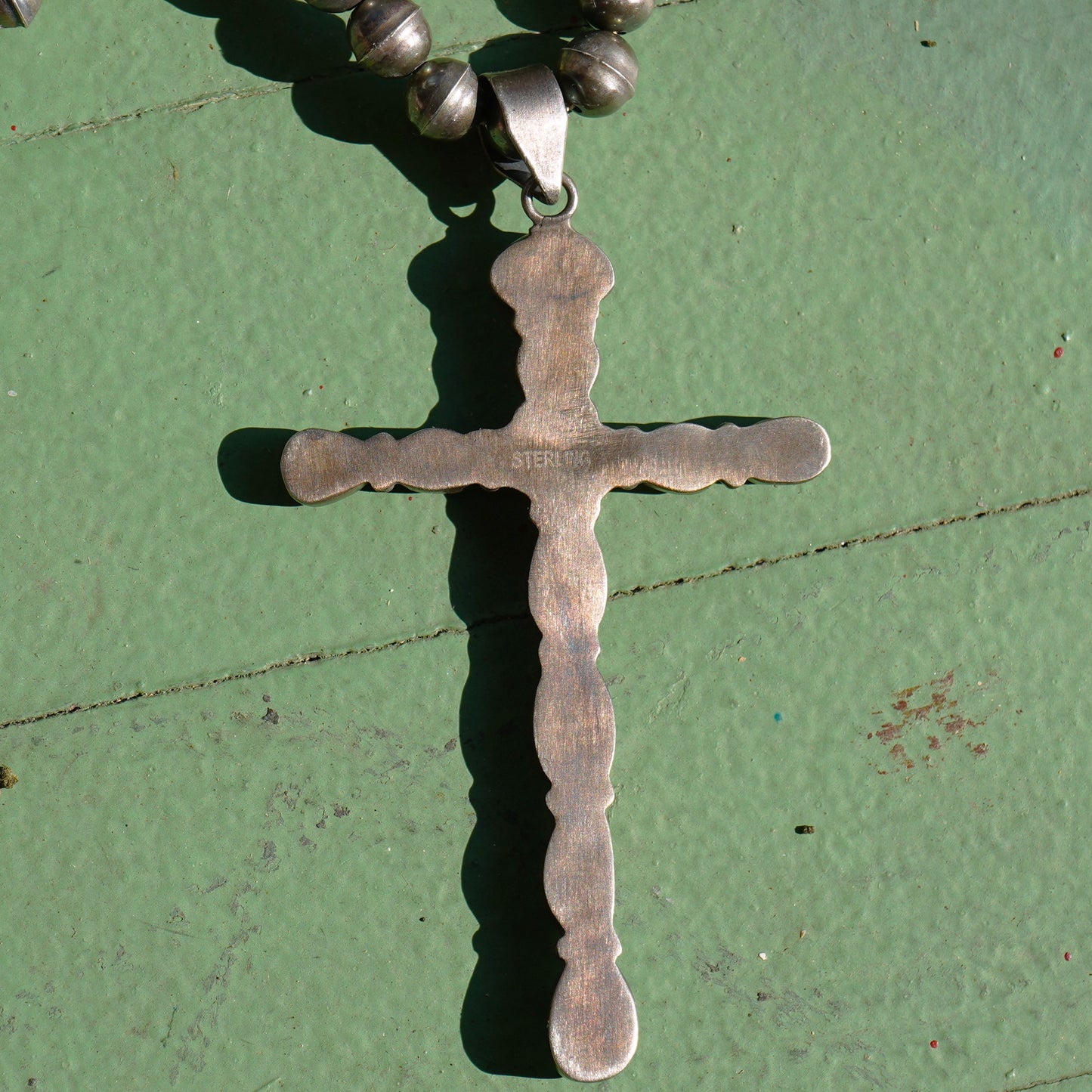 Vintage Sterling Silver Green Turquoise Cross Necklace