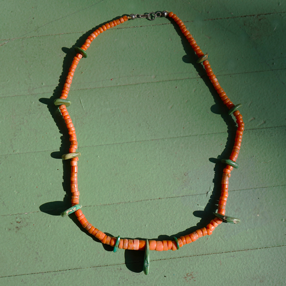 Natural Coral Necklace With Green Cerrillos Turquoise Tabs