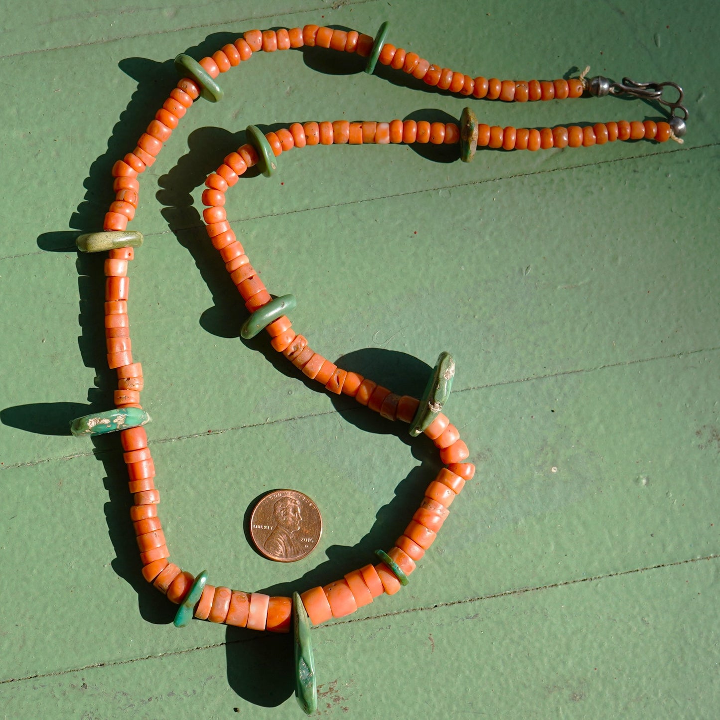 Natural Coral Necklace With Green Cerrillos Turquoise Tabs