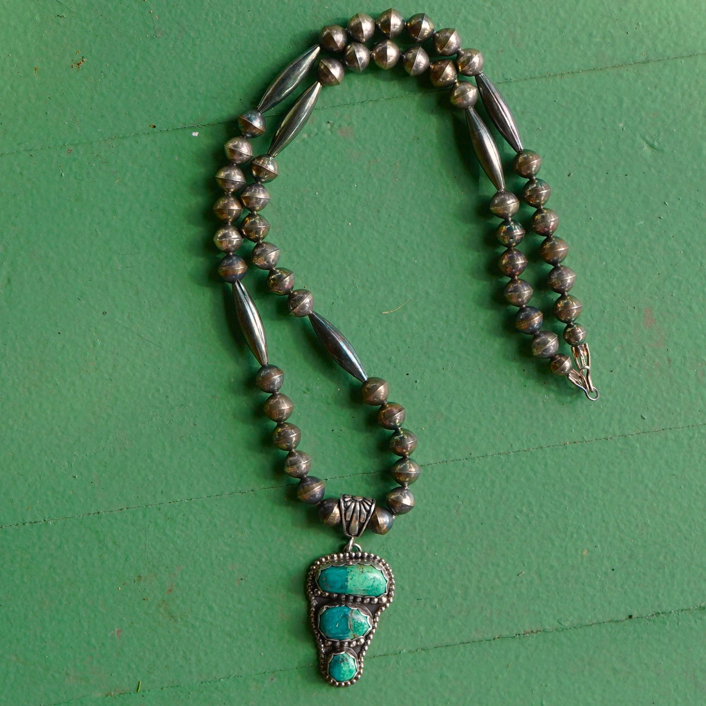 Navajo Turquoise Pendant Necklace Sterling Silver Beads