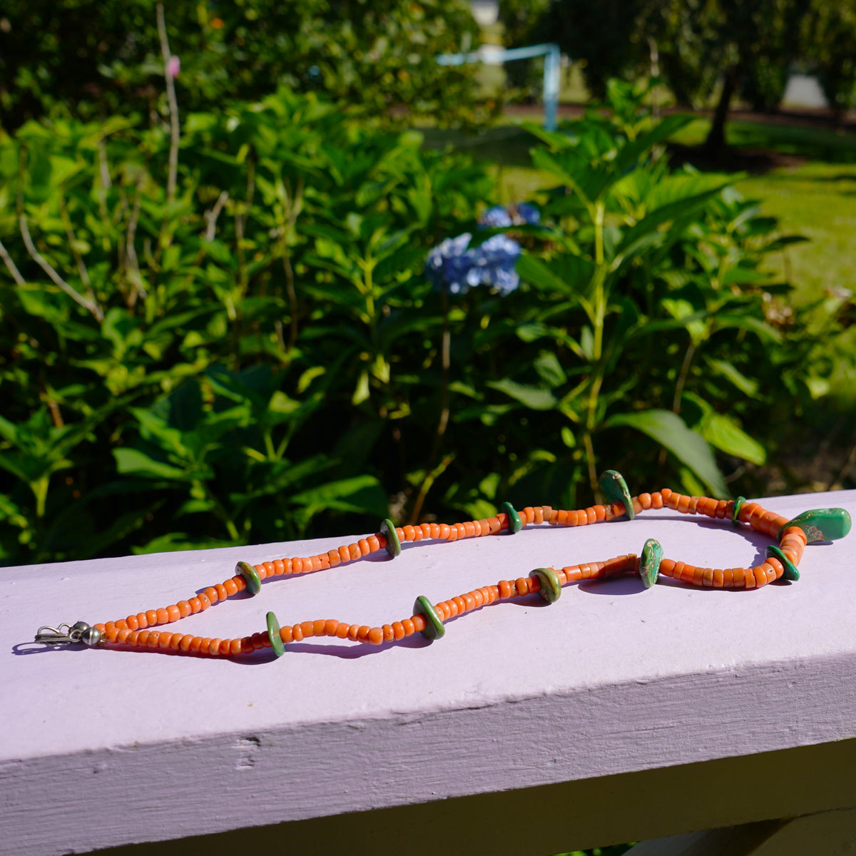 Natural Coral Necklace With Green Cerrillos Turquoise Tabs