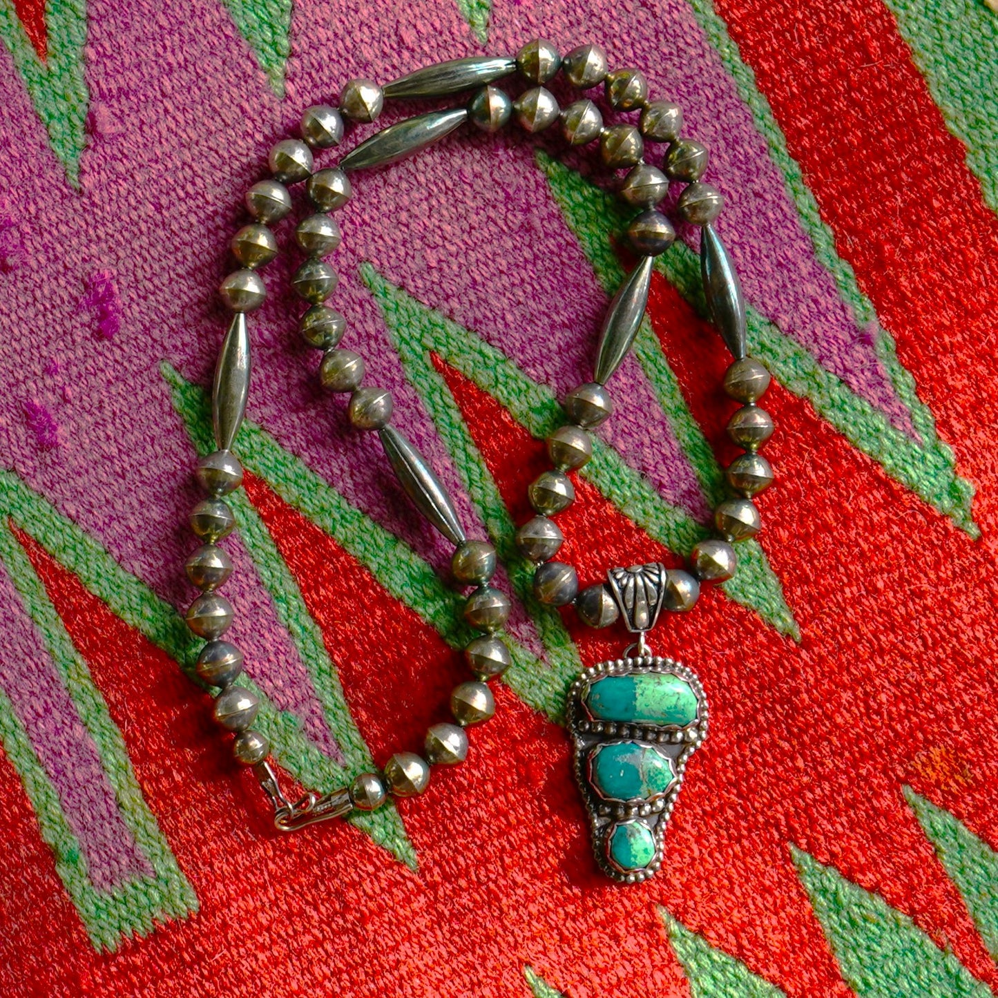 Navajo Turquoise Pendant Necklace Sterling Silver Beads