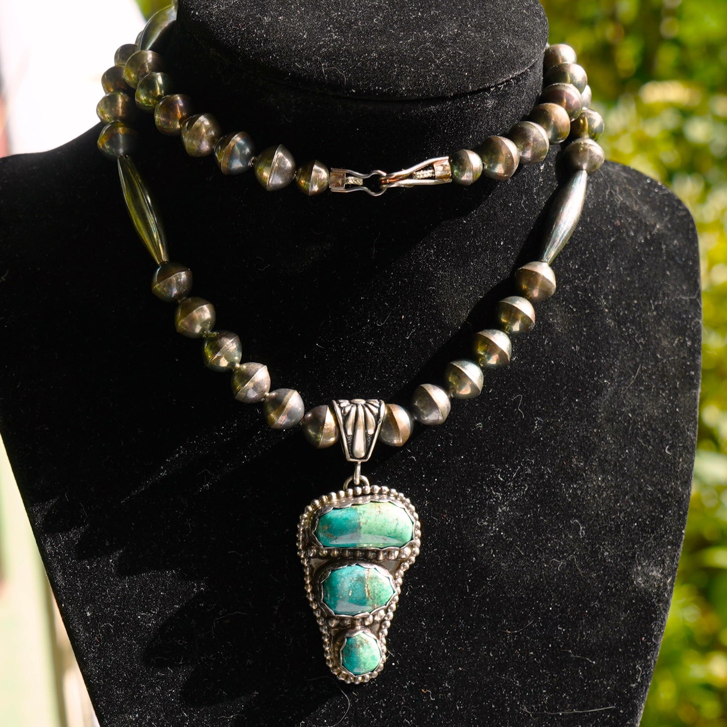 Navajo Turquoise Pendant Necklace Sterling Silver Beads