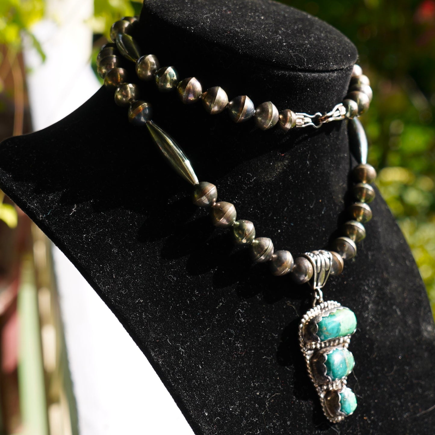 Navajo Turquoise Pendant Necklace Sterling Silver Beads