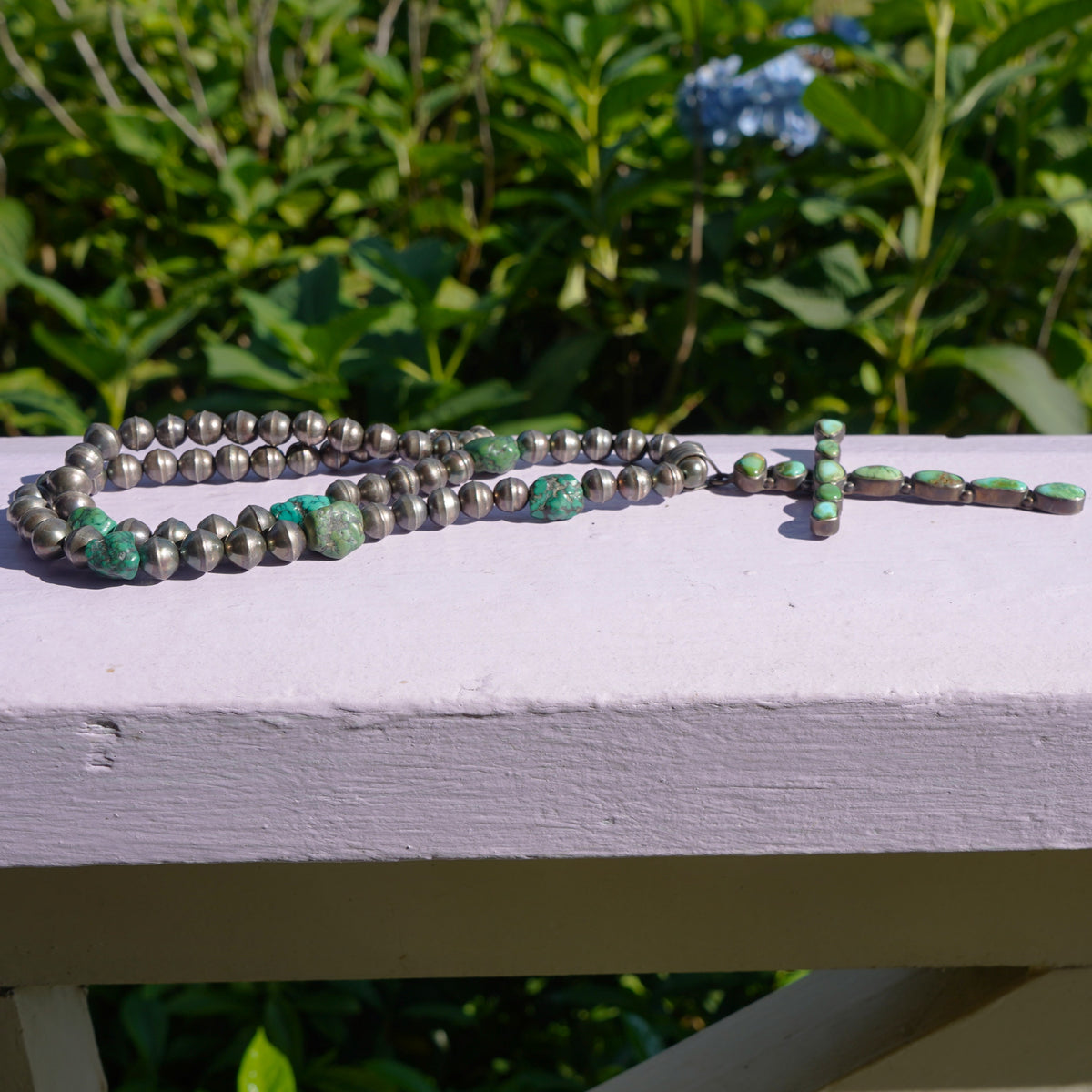 Vintage Sterling Silver Green Turquoise Cross Necklace