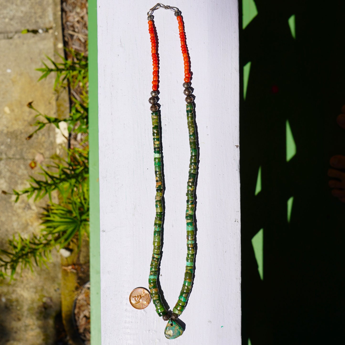 Old Green Turquoise Jacla Necklace With Coral Accents