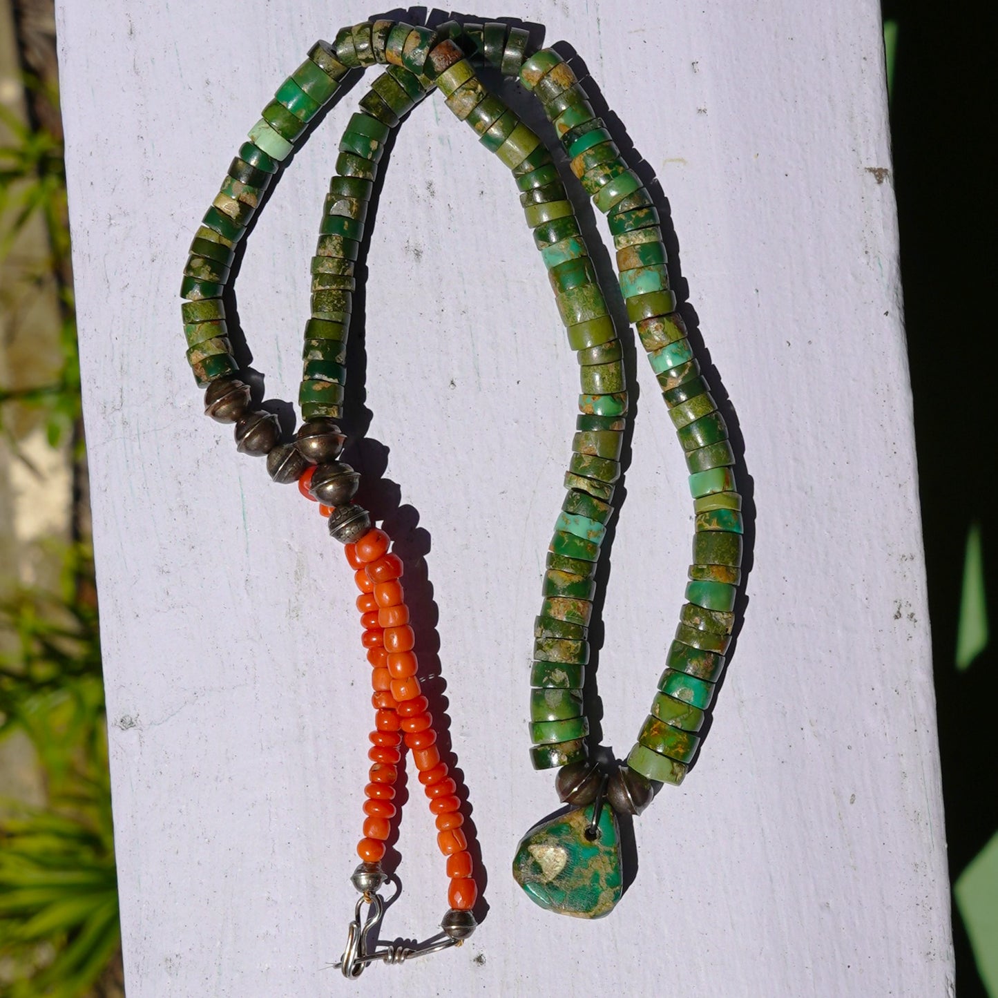 Old Green Turquoise Jacla Necklace With Coral Accents