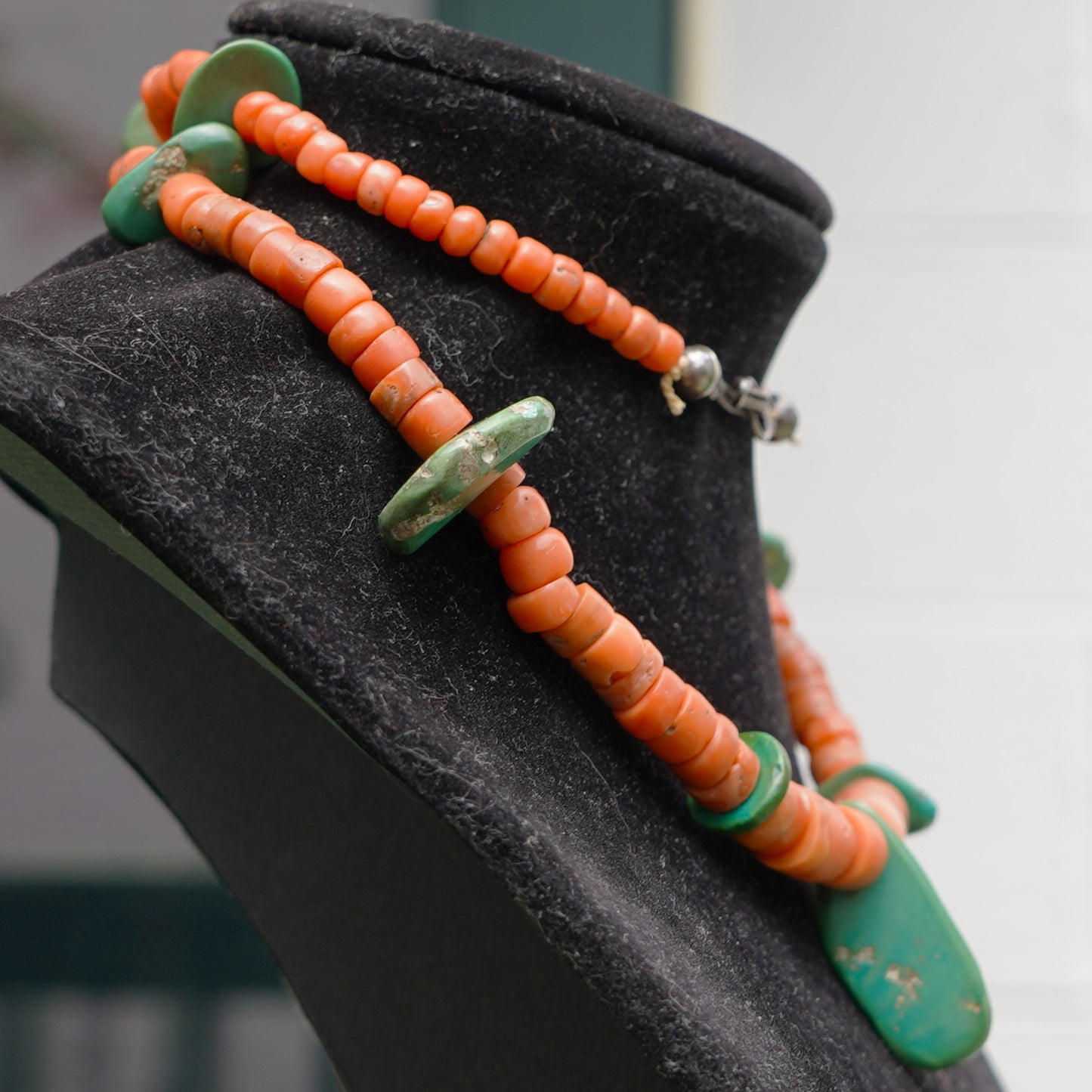 Natural Coral Necklace With Green Cerrillos Turquoise Tabs